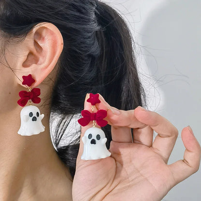 sengpan Fancy Resin Halloween Ghost Drop Earrings For Women Red Bowknot Flannel Ghost Dangle Earring Christmas Festival Party Jewelry