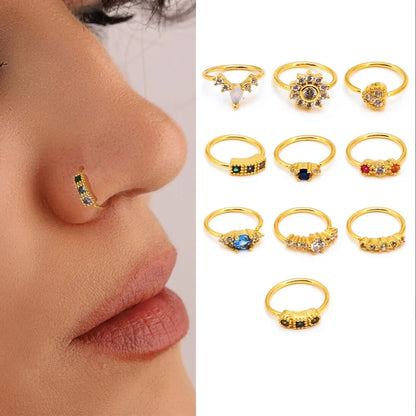 sengpan 1PC 0.8x8mm Hoop Nose Rings for Women Fashion Colorfull Zircon Heart Flower Nostril Nose Septum Ring Cartilage Piercing Jewelry