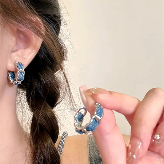 sengpan Retro Denim C-Shaped Earrings Lightweight Luxurious Women A-Sense Niche Design High-End Personality Simple Sweet Cool