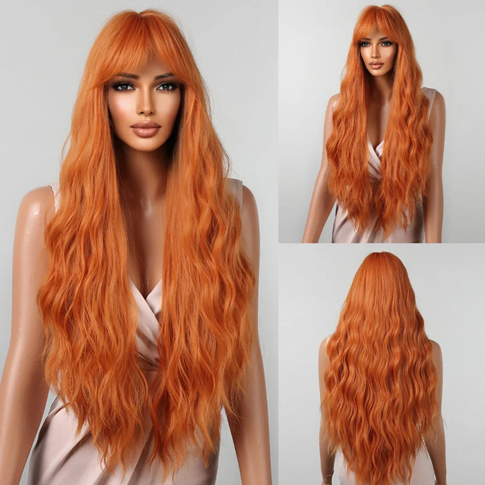 sengpan  Brown Highlight Long Wave Wigs for Women Synthetic Wig with Bangs Ombre Mixed Color Natural Looking Hair for Daily