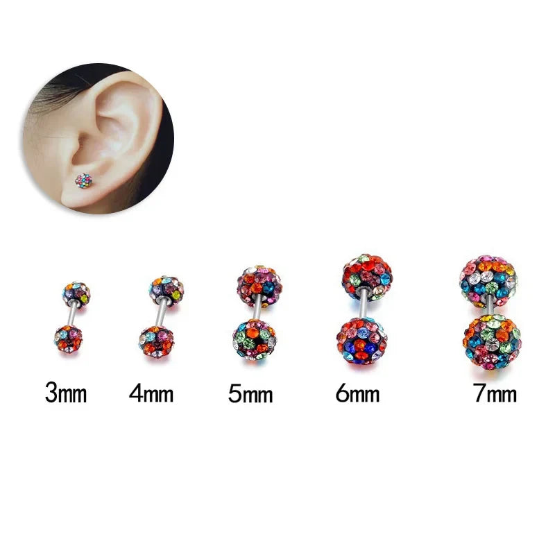 sengpan 2Pcs Double-sided Crystal Ball Stud Earrings For Women Stainless Steel Screw Back Ball Tragus Cartilage Piercing Jewelry