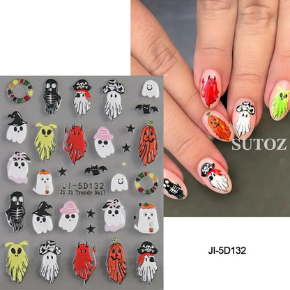 sengpan 5D Embossed Ghost Nail Art Stickers Halloween Cartoon Pumpkin Skull Nail Decals Spider Web Daisy Sliders For Manicure NTJI-5D131