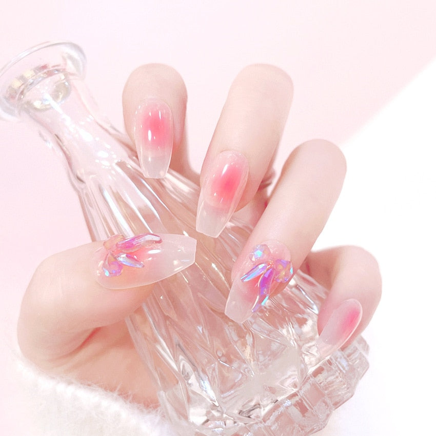 sengpan 24P Nail Art Fake Nails Japanese Ballerina Press on Nails Set Diamond Streamer Flash Fly Butterfly Seamless Removable False Nail