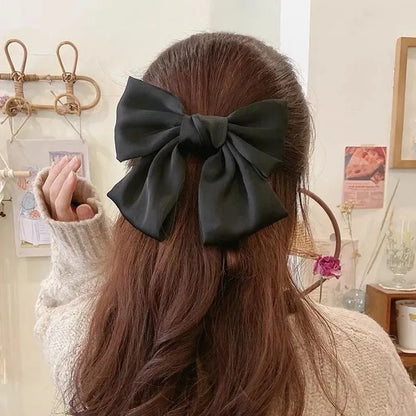 sengpan Elegant Bow Ribbon Hair Clip Fashion Simple Solid Satin Spring Clip Hair Pin Retro Headband with Clips Girls Hair Accessories