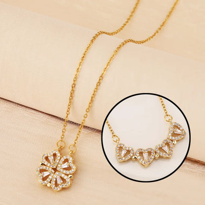 Lianfudai New Two-wearing Heart-to-heart Women's Open-close Clover Necklace Fashion Love Folding Design Collar Chain Pendant Necklace