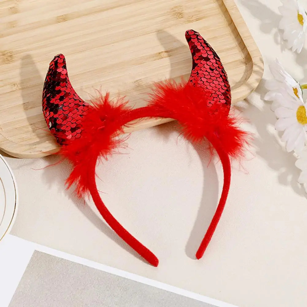 sengpan Elastic Design Headband Plush Devil Horn Headband for Cosplay Parties Halloween Handmade Lightweight Elastic Hair Hoop Accessory