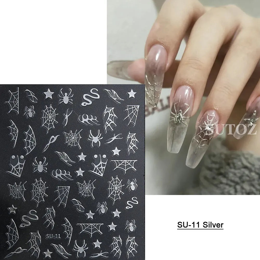 sengpan Spider Nail Sticker Halloween Decoration Snake Skull Design Evil Pumpkin Bat Nail Slider Witch Star Charm Manicure Decal LEBSO10