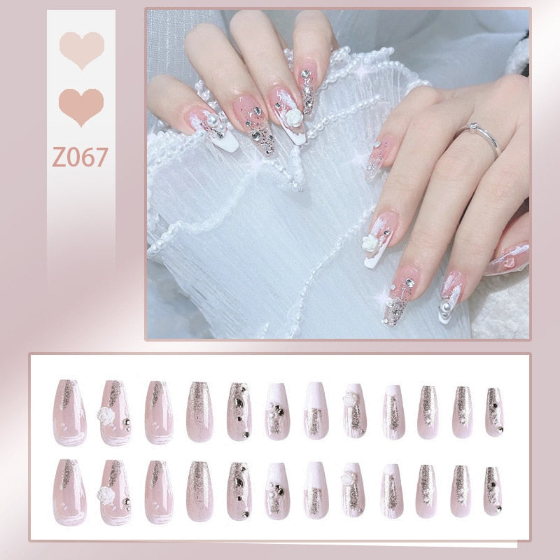 sengpan 24P Nail Art Fake Nails Japanese Ballerina Press on Nails Set Diamond Streamer Flash Fly Butterfly Seamless Removable False Nail