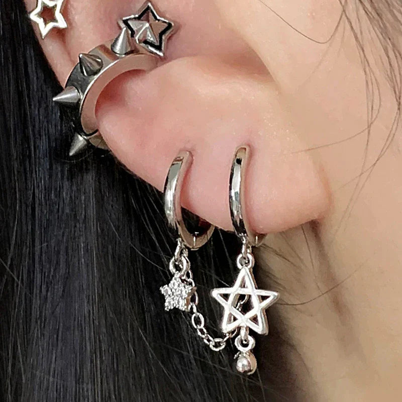 sengpan New Punk Star Chain Tassel Drop Earrings for Women Men Pendant Pentagram Hoop Earrings Ear Buckle Hip Hop Gothic Jewelry Party