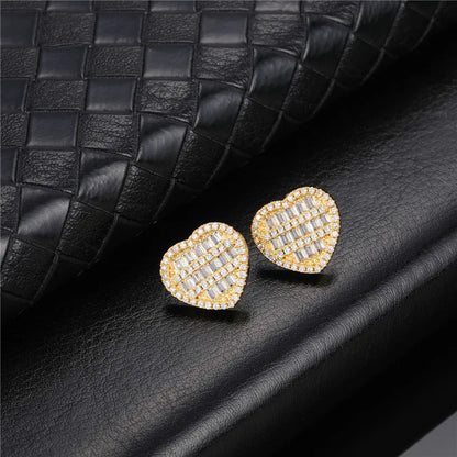 sengpan Hip Micro 1Pair Heart Shape Pave Baguette Cubic Zircon Stone Ice out Stud CZ Earring Bling Copper Earrings For Women Men Jewelry