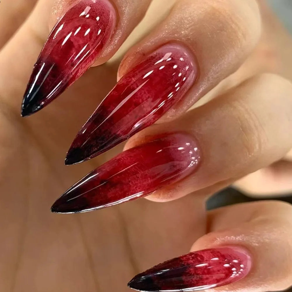 sengpan 24pcs Blood Red Fake Nails Gradient Long Pointed False Nail Patch Full Cover Wearable Fake Nail Tips Halloween Manicure Sets