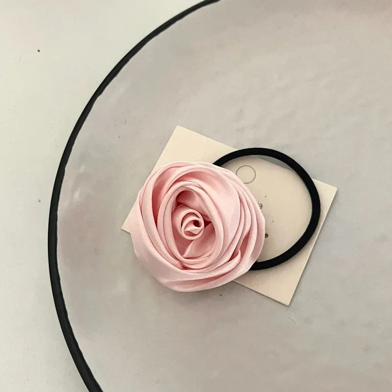 Dospita Black Pink Satin Hair Tie Rope Women Fashion Rose Flower Hair Rubber Bands Scrunchies Fashion Elastic Hair Accessories