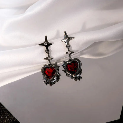 sengpan New Gothic Liquid Heart Cross Star Pendant Earrings Y2K Red Zircon Love Dangle Earring Irregular Aesthetic Tassel Earrings