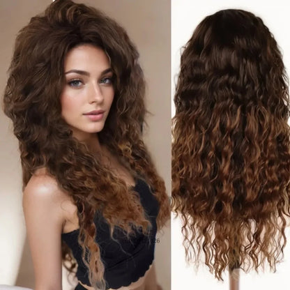 sengpan Synthetic Long Wave Cur Wigs Female Natural Brown Wig with Clip Free Part Side Bangs 80s Curly Wigs for Women Ombre Wig