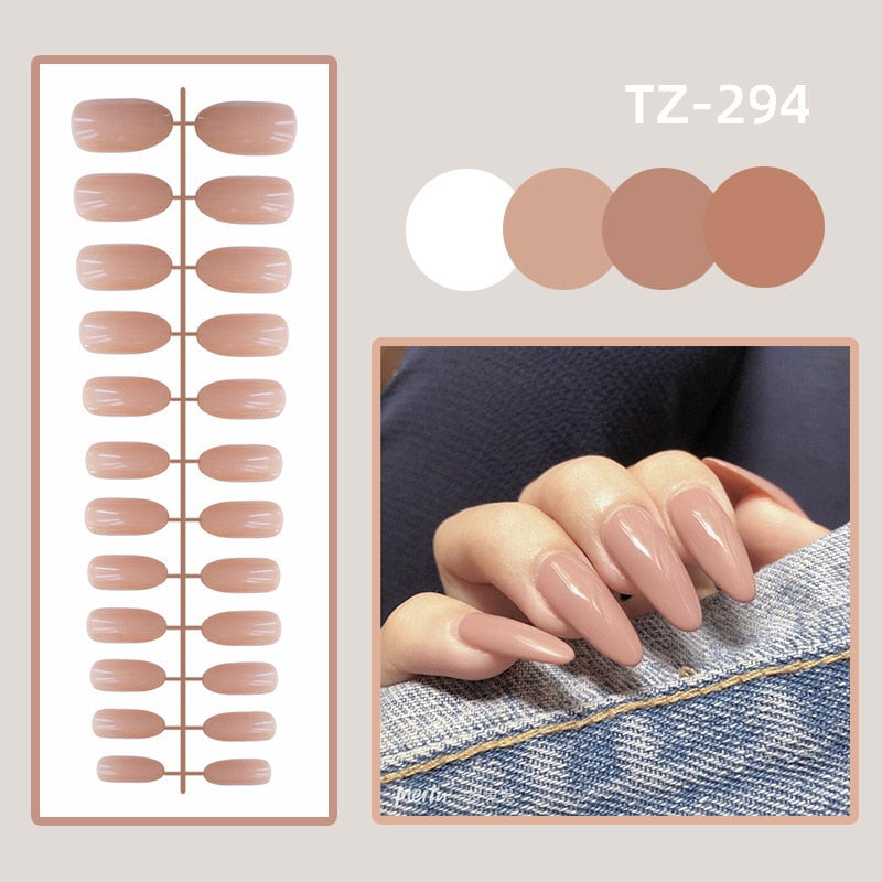 sengpan 24Pcs/Set Long Round Head Bright Solid Color Press On Acrylic Nail Art Fake Nails Finished Wearing Manicure Reusable False Nails