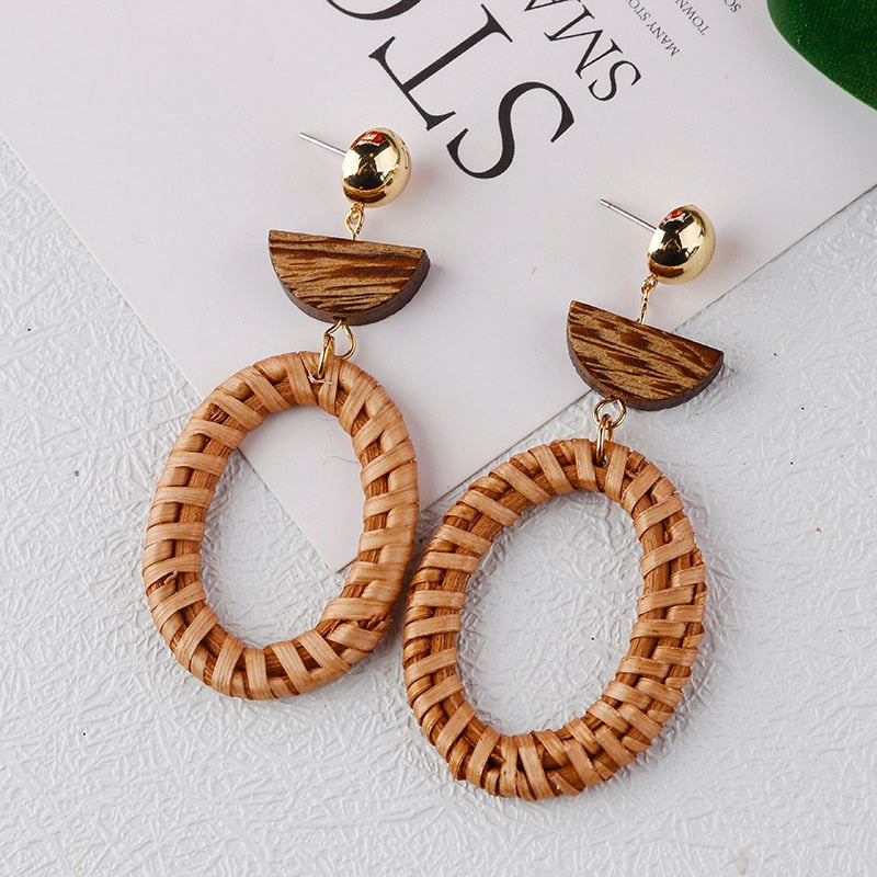 sengpan Multiple 27 Style Korea Handmade Wooden Straw Weave Rattan Vine Braid Drop Earrings New Fashion Geometric Long Earrings