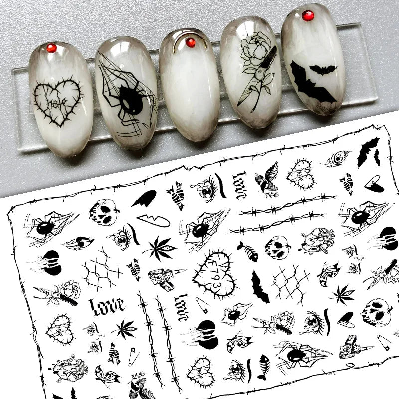 sengpan 3D Halloween Nail Stickers Clown Skull Bone Pumpkin Cartoon Spider Bat Nail Decals Self-Adhesive Nail Art Stickers Nails Decor