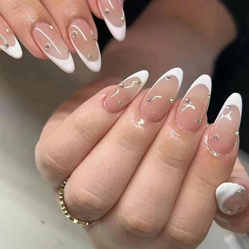 sengpan Simple Stiletto French Fake Nails for Valentine's Day Almond Sweet False Nails with Glue Full Cover Artificial Nails Press On