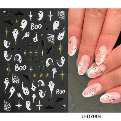 sengpan 5D Embossed Halloween Nail Stickers Skull Chams Spooky Flower Ghost Nail Decals Spider Web Skeleton Sliders for Manicure NTJI-5D