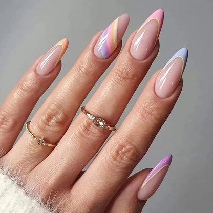 sengpan Simple Stiletto French Fake Nails for Valentine's Day Almond Sweet False Nails with Glue Full Cover Artificial Nails Press On