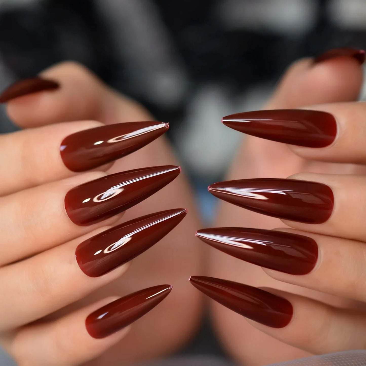 sengpan Stiletto Mirror Red Light Gossy Red Color Fingernails Sharp Fake Nails Art Medium Size Press On Nails Wholesale With Tabs