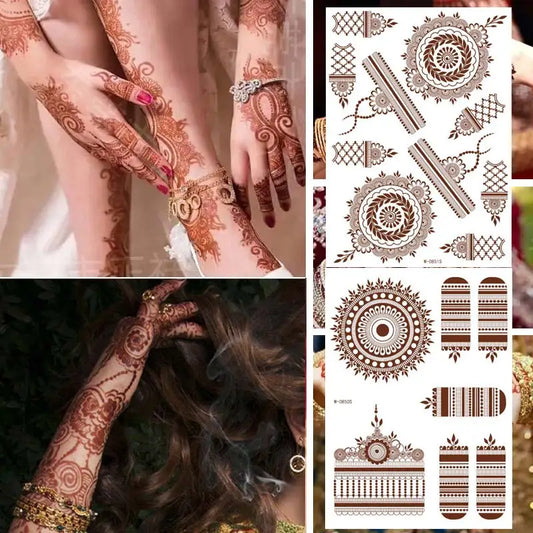 sengpan 9Pcs Brown Henna Temporary Tattoos for Women Henna Tattoo Sticker for Hand Body Art Moroccan Mehndi Design Tattoo Fake Hena