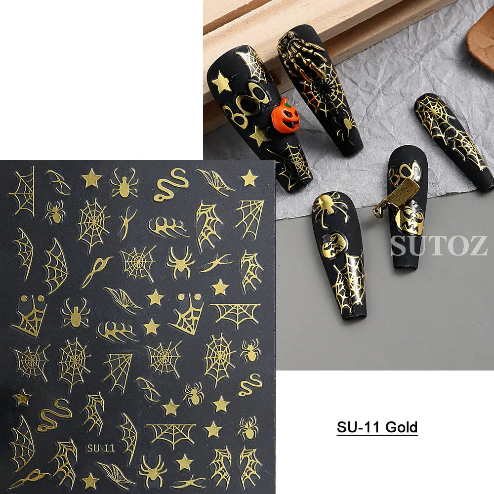 sengpan Spider Nail Sticker Halloween Decoration Snake Skull Design Evil Pumpkin Bat Nail Slider Witch Star Charm Manicure Decal LEBSO10