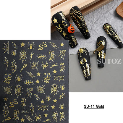 sengpan Spider Nail Sticker Halloween Decoration Snake Skull Design Evil Pumpkin Bat Nail Slider Witch Star Charm Manicure Decal LEBSO10