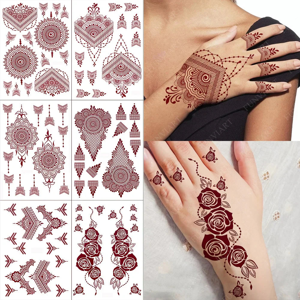 Lianfudai New Design Maroon  Henna Tattoo Stickers for Women Temporary Tattoos  for Hand Flower Fake Tattoo for Wedding Festival Body Art