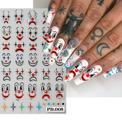 sengpan 5D Embossed Clown Nail Sticker With Crystal Rhinestone Glitter Daisy Heart Petals French Slider Spider Halloween Nail Decoration