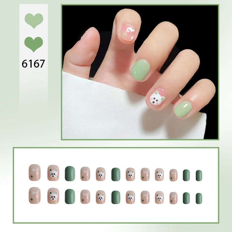 sengpan 24P Cute Childlike Rainbow Nail Art Full Cover Artificial Fake Nails Wearing Reusable False Nails Ballerina Press on Nail Art