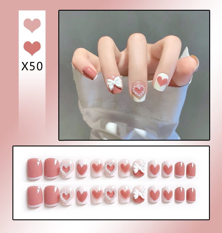 sengpan 24Pcs French With Drill Short Fake Nails Press On Nail Tips Artificial Full Cover Cute Bow Wearing False Nails Art Free Shipping