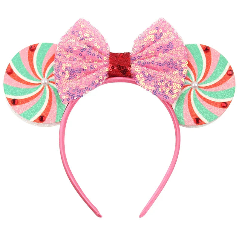 sengpan New Disney Christmas Mouse Ears Headband Santa Antler Sequins Bow Hairband For Women Featival Party DIY Hair Accessories Gift