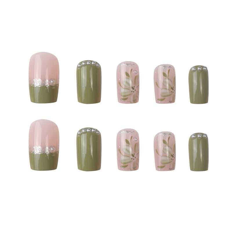 sengpan 24Pcs/Set Press On Fake Nails Green Wearing Reusable False Nails Art Girls Ballerina Coffin Nail With Glue Full Cover Artificial