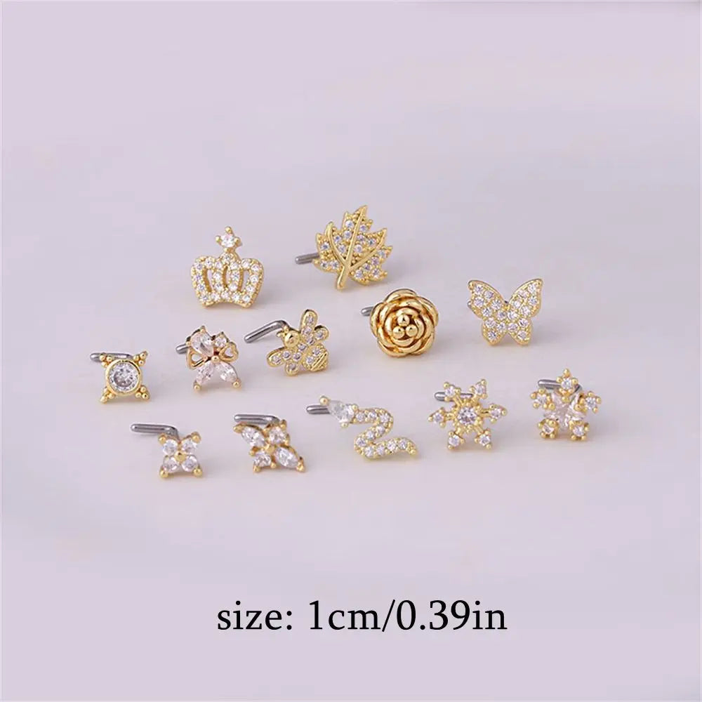 Lianfudai New Fashion Unisex Zircon Punk Style Nose Nail Titanium Steel L Shaped Nose Studs Piercing Jewelry