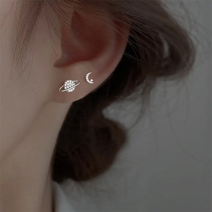 sengpan Simple Piercing Stud Earrings for Women Star Moon Zircon Silver Color Needles Tragus Cartilage Asymmetry Pendiente Fine Jewelry