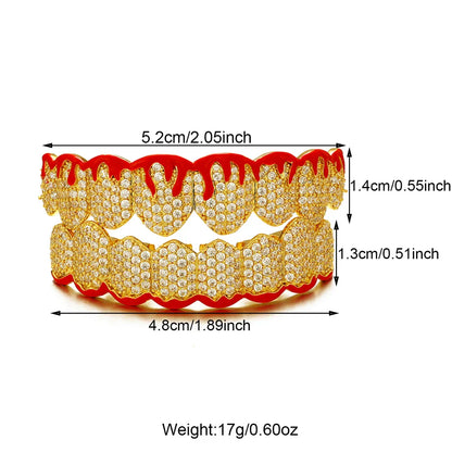 sengpan Red Drip Oil CZ Teeth Grillz Caps Cubic Zircon Iced Out Micro Pave Top&Bottom Charm Grills For Men Women Jewelry Xmas Gift