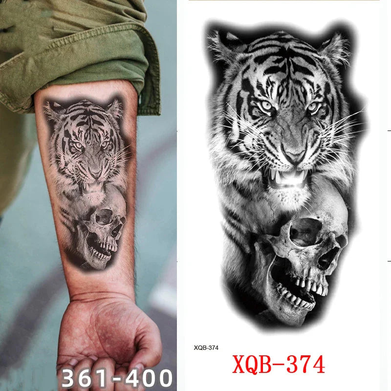 sengpan Black Forest Tattoo Sticker for Men Women Tiger Wolf Death Skull Temporary Tattoo Fake Henna Skeleton King Animal Tatoo Pattern