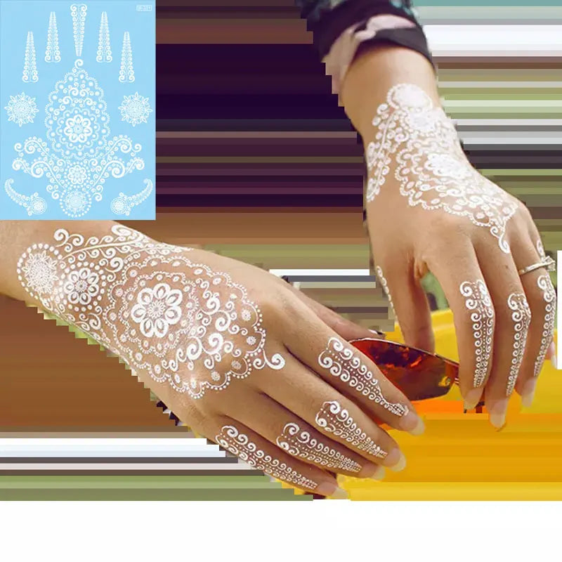 sengpan White Henna Lace Temporary Tattoos For Women Henna Design Stickers for Hand Hena Tattoo Waterproof Wedding Decoration