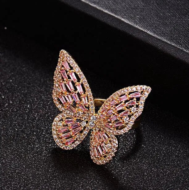 sengpan Trendy Shining Butterfly Adjustable Opening Ring For Women Crystal Acrylic Inlay Fashion Party Hand Accessories Jewelry