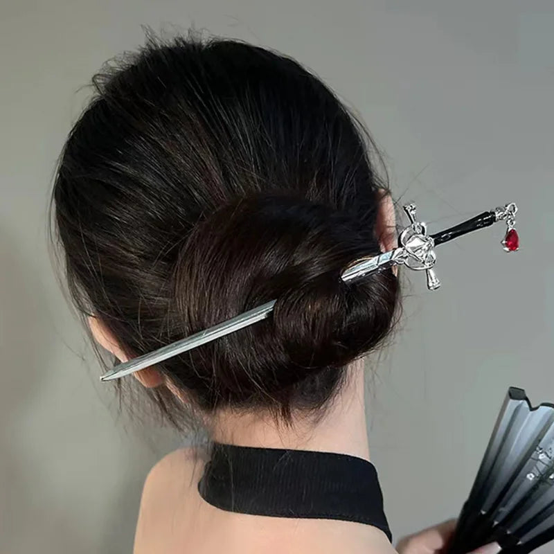 sengpan Punk Metal Sword Hairpin Chinese Style Simple Hair Sticks for Women Hair Clips DIY Hairstyle Design Tools Accessories