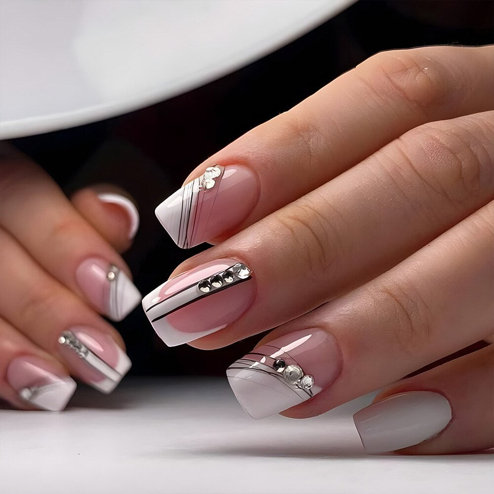 Lianfudai current nail trends 2023   24Pcs White French Fake Nails Full Cover Nail Tips Mid-length Square False Nails with Rhinestone Design Wearable Press on Nails