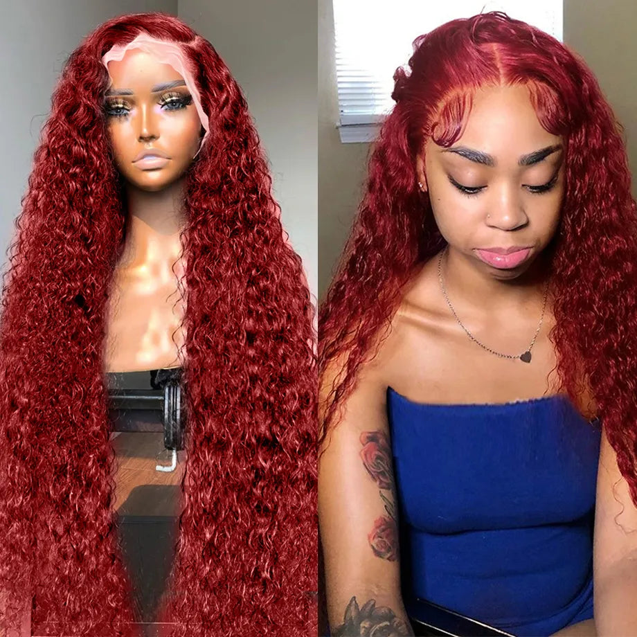 sengpan Burgundy Human Hair Lace Frontal Wigs Colored 99j Red Wig For Women Brazilian 13x4 Deep Wave 30 Inch Water Wave Lace Front Wig