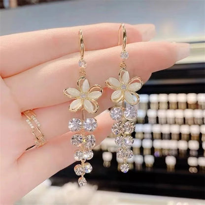 sengpan Luxury Crystal Flower Tassel Drop Earrings for Women Shiny Zircon Opal Long Dangle Earrings Girls Party Wedding Jewelry Gift