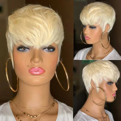 sengpan Short Pixie Cut Straight Hair Wig Brazilian Remy Hair Human Hair Wigs With Bangs 613 Honey Blonde Color Wig Cheap Glueless Wig