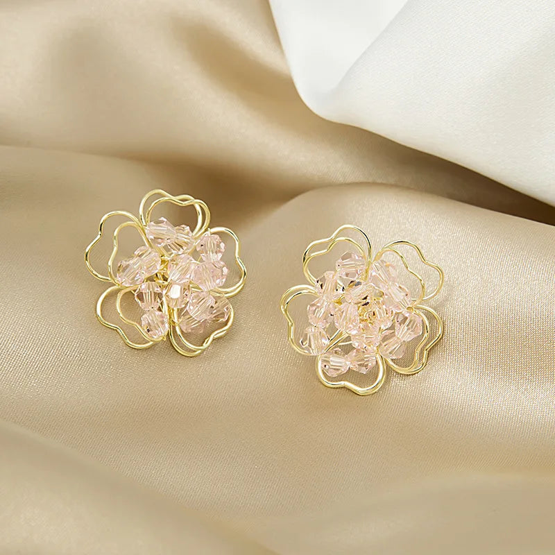 sengpan Sweet Crystal Flower Earrings Boho White Hollow Double Layer Floral Stud Earrings Summer Beach Jewelry For Women Girls