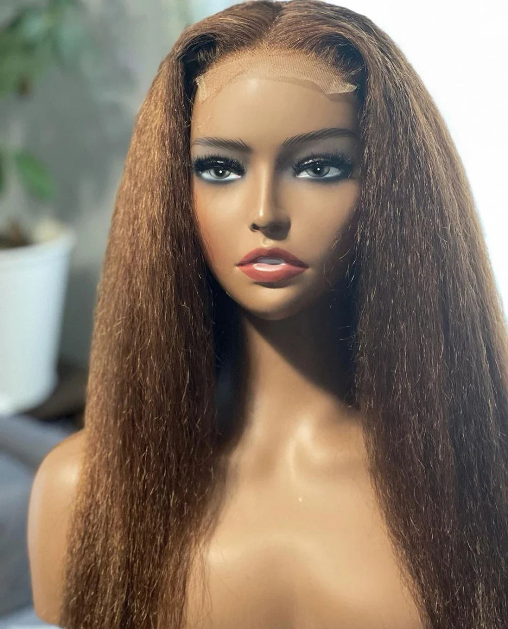 sengpan Brown Glueless 180%Density Synthetic 26Inch Long Kinky Straight Lace Front Wig For Black Women Babyhair Preplucked Daily