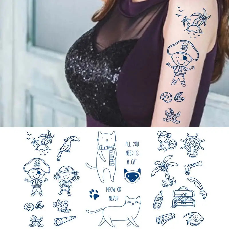 sengpan Blue Herbal Juice Ink Temporary Tattoo Stickers Long Lasting Fake Tattoos Small Hand Cute Star Sun Moon Finger Tattoo Lettering