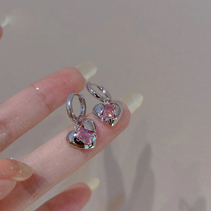 sengpan Y2K Pink Peach Zircon Heart Drop Pendant Earrings for Women Egirl Sweet Crystal Earrings 2023 New Fashion Jewelry