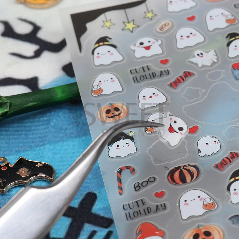 sengpan Halloween 3D Heart Web Nail Sticker Cute Holiday Cartoon Design Spider Pumpkin Ghost  Sliders for Nails Manicure Decor SANO53